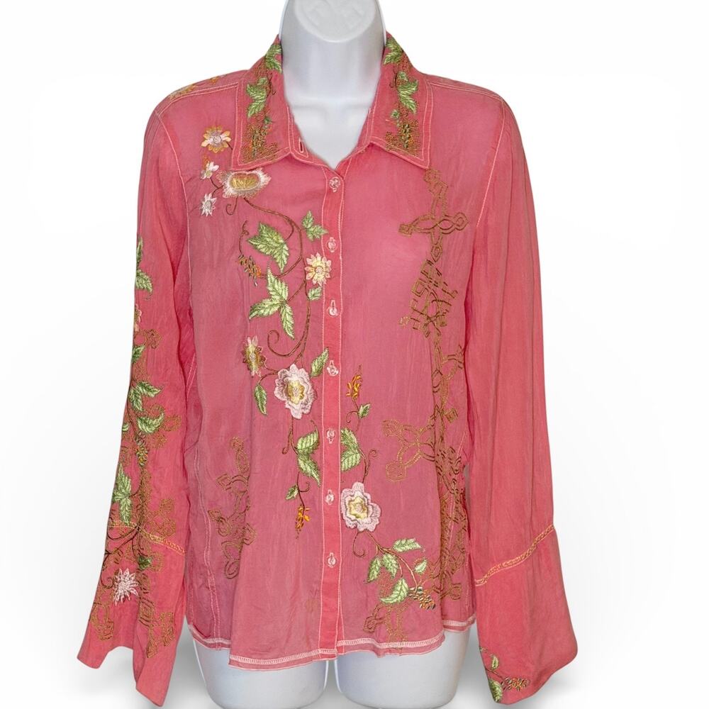 Johnny Was Embroidered Blouse Size S Boho Pink Floral Button Front Bell Sleeve